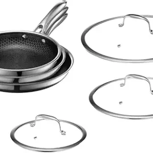 HexClad Hybrid Nonstick 8-Inch Frying Pan with Tempered Glass Lid, Stay-Cool Handle, Dishwasher-Friendly, Oven-Safe Up to 900°F, Induction Ready, Compatible with All Cooktops
