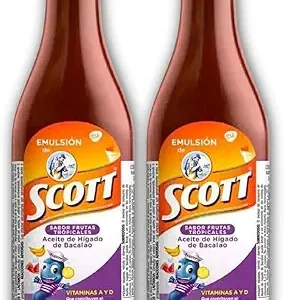 DECA EXPERTS Emulsion de Scott Aceite de hígado de bacalao sabor Frutas Tropicales Pack de 2 de 6.1 fl oz - 180 ml - con vitamina A y Calcio, suplemento dietético para niños, despensa Colombiana