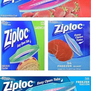 Ziploc Variety Pack 54 Freezer Quart Bags, 38 Freezer Gallon Bags, 125 Sandwich Bags, 52 Storage Gallon Bags Reusable Plastic Ziploc Bags with Zipper Closure, Red, Green, Blue