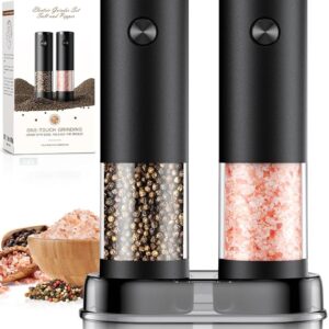 Electric Salt and Pepper Grinder Set Automatic Battery Pepper Mill Shakers Adjustable Coarseness Easy Filling Upgraded Larger Capacity with Led (2 Pack Black/Black)