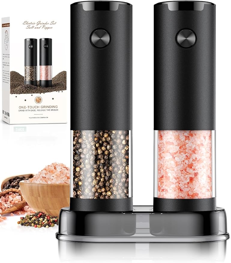 Electric Salt and Pepper Grinder Set Automatic Battery Pepper Mill Shakers Adjustable Coarseness Easy Filling Upgraded Larger Capacity with Led (2 Pack Black/Black)