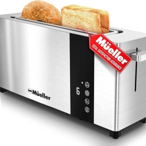 Mueller UltraToast Full Stainless Steel Toaster 2 Slice, Long Extra-Wide Slots with Removable Tray, Cancel/Defrost/Reheat Functions, 6 Browning Levels with LED Display, Housewarming Gifts New Home