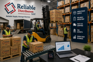 Amazon product fulfillment warehouse with Reliable Distributors LLC team, forklift, inventory management, and wholesale distribution services