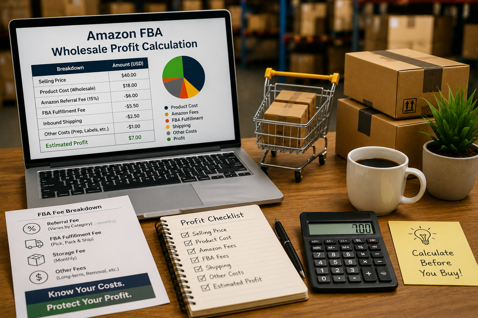 Amazon FBA wholesale profit calculation showing product cost, Amazon fees, FBA fulfillment, shipping, and estimated profit