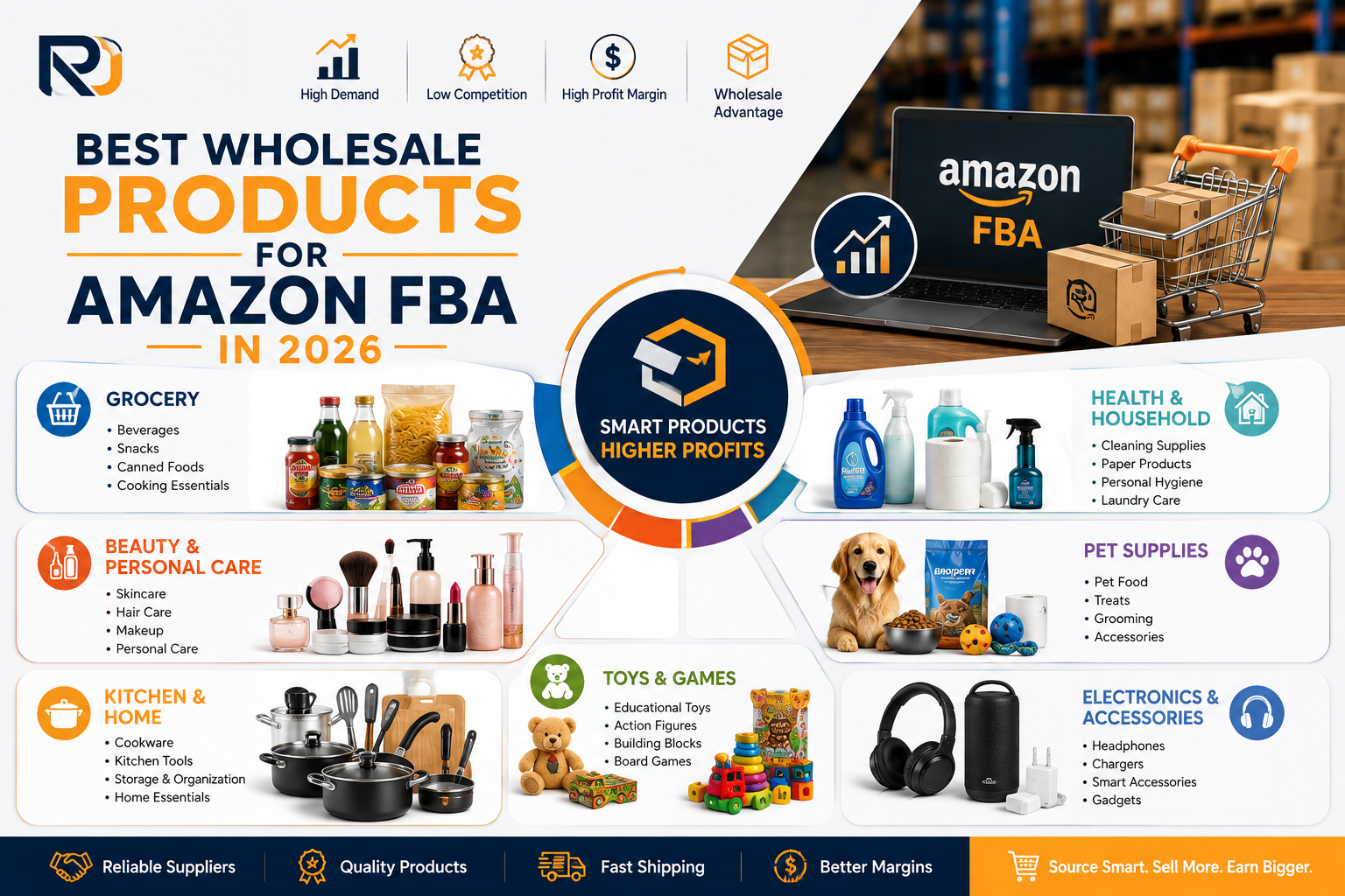 Best wholesale products for Amazon FBA in 2026 across grocery, beauty, pet supplies, kitchen, household, toys, and electronics